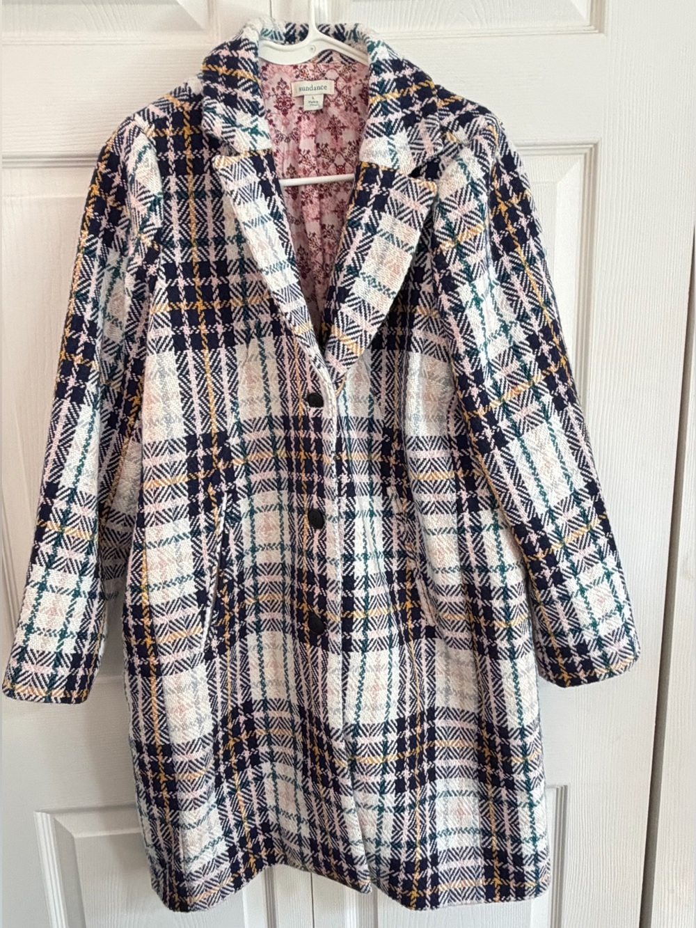 Sundance Wool Blend Plaid Long Coat Large Floral Lined Heavy Winter Tweed Jacket